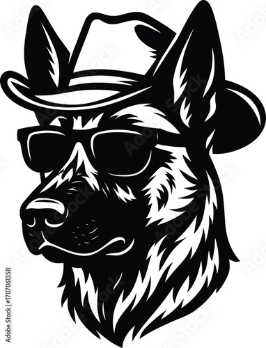 Belgian Malinois guard dog with Sunglasses and Cowboy Hat