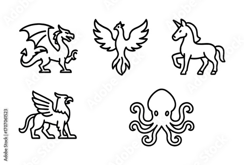 Fantasy creatures outline: dragon, phoenix, unicorn, griffin, octopus