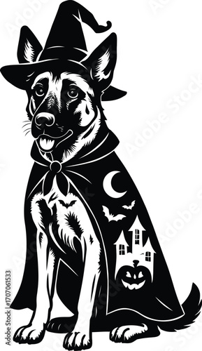 Halloween Belgian Malinois guard dog wearing black witch hat and cape [Converted].eps