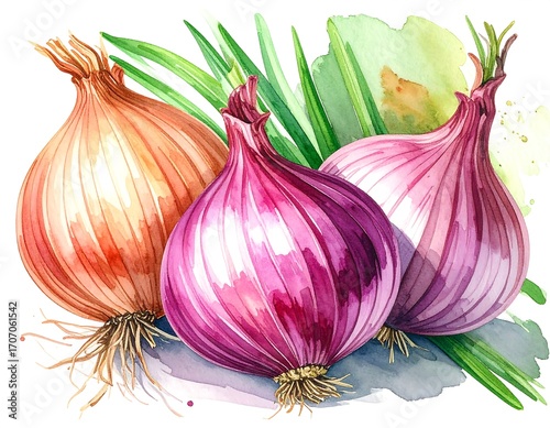 Watercolor illustration of three onions