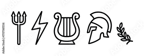 Greek mythology icons: trident, lightning bolt, lyre, helmet, laurel wreath