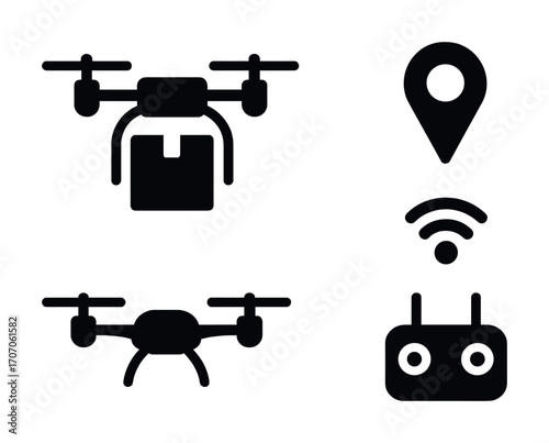 Drone delivery icons: package, location, wifi, controller symbols