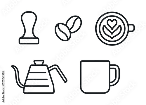 Coffee icons: tamper, beans, latte art, kettle, mug