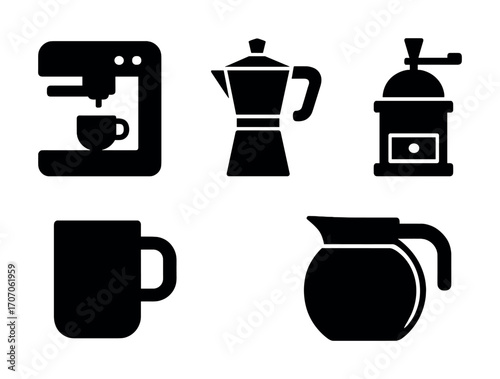 Coffee equipment icons: espresso machine, moka pot, grinder, mug, carafe silhouettes