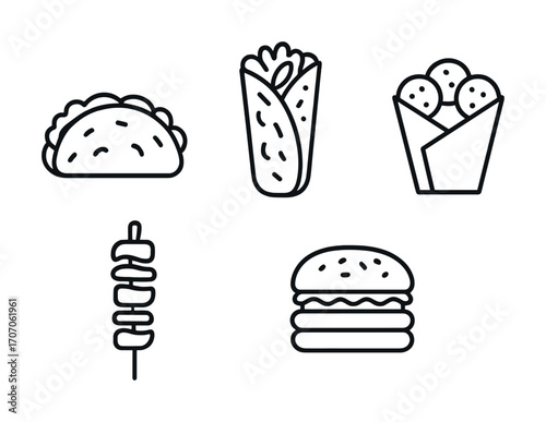Line art icons of taco, wrap, fries, kebab, and burger