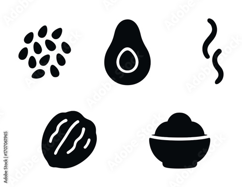 Healthy food icons: seeds, avocado, nut, bowl, pasta shape