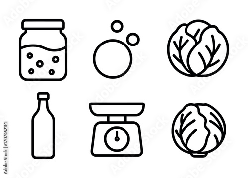 Fermentation icons: jar, bubbles, cabbage, bottle, scale in line art style