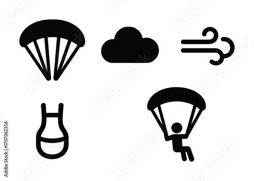 Parachuting symbols: parachute, cloud, wind, harness, paraglider icon set