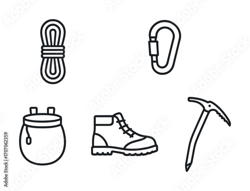 Essential mountaineering gear icons: rope, carabiner, backpack, boot, ice axe