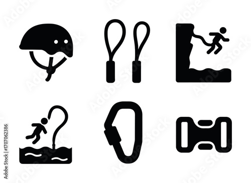 Set of adventure icons: helmet, ropes, climbing, water, carabiner, harness