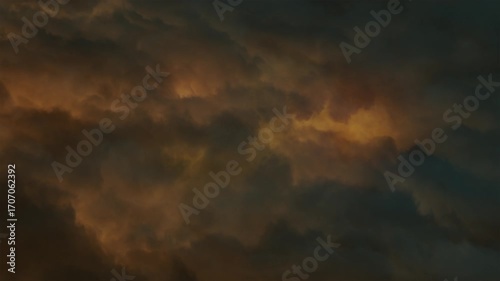 Looping video view from above night clouds with multiple yellow flashes visible below. Creates continuous atmosphere of catastrophe and apocalypse.