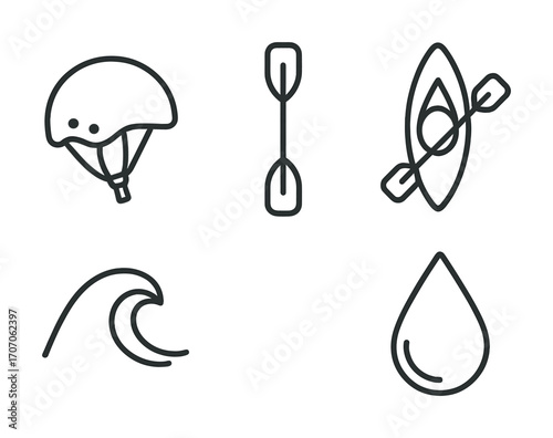 Outdoor adventure icons: kayaking and water sports essentials in simple line art
