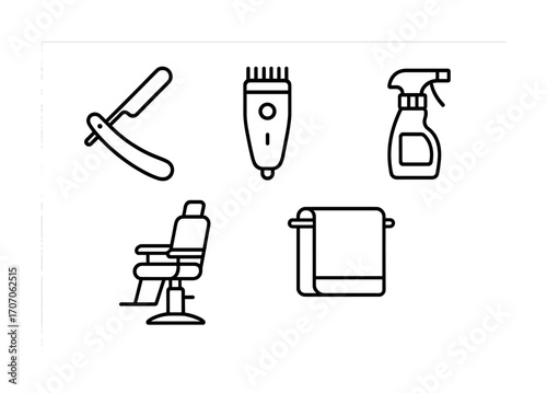 Barber tools: straight razor, clippers, spray bottle, barber chair, towel icons set
