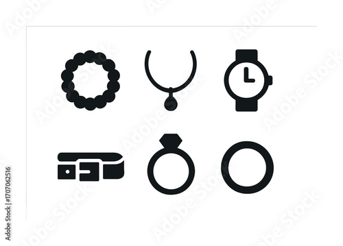 Minimalistic jewelry and accessories icons including bracelet necklace watch belt ring