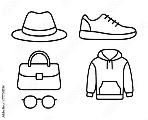 Line art of hat, sneaker, handbag, glasses, and hoodie - fashion icons