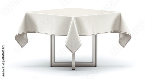 A square table covered with an elegant, off-white textured tablecloth. The table has a clean, minimalist, metallic frame