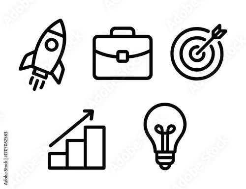 Business innovation icons: rocket, briefcase, target, graph, light bulb