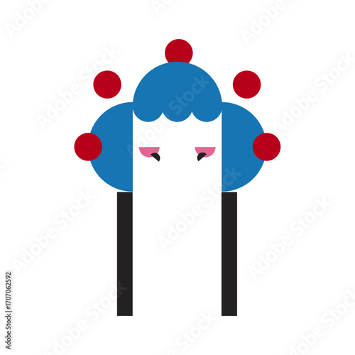 A simple flat illustration of a Peking opera face with red cheeks, blue hair ornaments, and minimal lines, representing traditional Chinese culture in a modern stylized and playful approach.