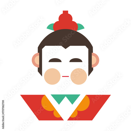 A cheerful traditional character illustration with round rosy cheeks, a topknot, and colorful clothes, representing folklore charm and cultural identity in a simple flat digital art style.