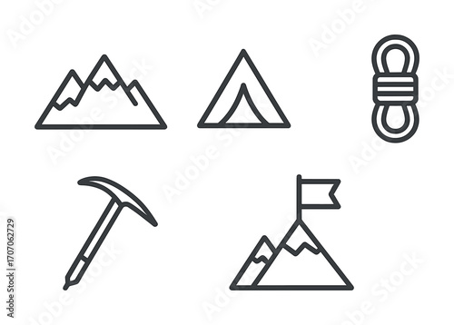 Outline icons of mountain, tent, climbing rope, ice axe, and flag on mountain peak