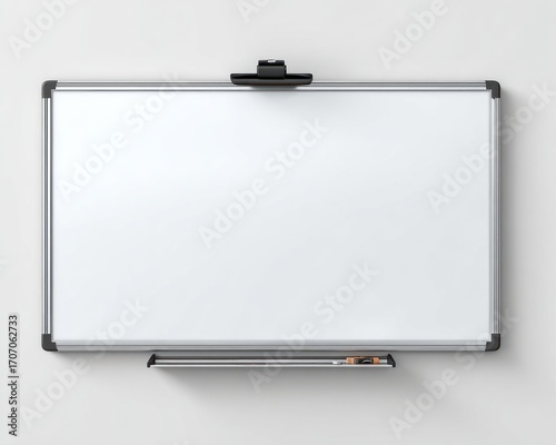 A whiteboard, gray-framed, attached to a pale wall. Tray at the bottom holds two markers. Overhead camera mount above. Blank surface