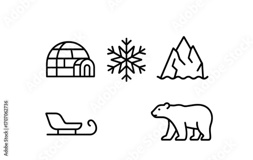 Simple arctic icons including igloo, snowflake, mountain, sleigh, and polar bear