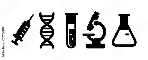 Medical research icons: syringe, dna, test tube, microscope, flask