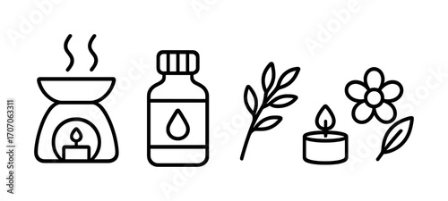 Aromatherapy essentials: candle, oil, flower, leaf, burner, and bottle icons