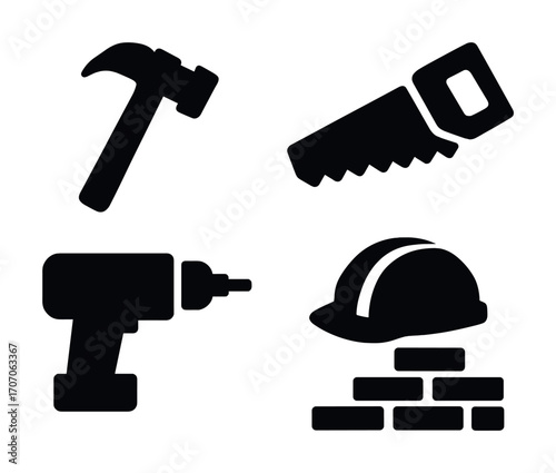 Construction tools icons: hammer, saw, drill, hard hat silhouettes