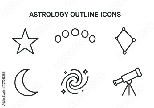 Astrology outline icons set featuring star, moon, telescope, constellation, galaxy, phases