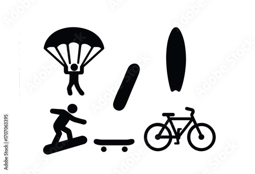 Adventurous sports icons: skydiving, skateboarding, snowboarding, surfing, cycling