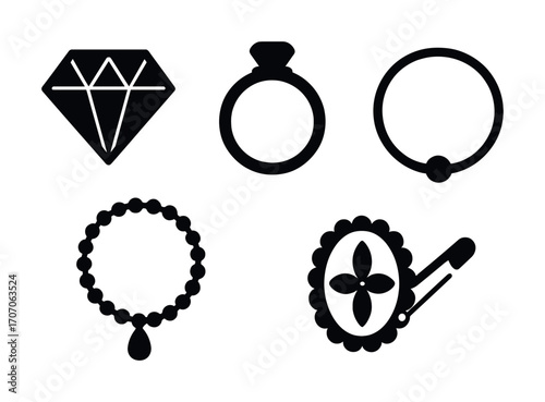 Elegant jewelry icons: diamond, rings, bracelet, beaded necklace, brooch