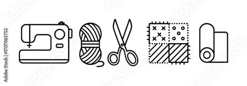 Sewing essentials: machine, yarn, scissors, patchwork, fabric roll icons