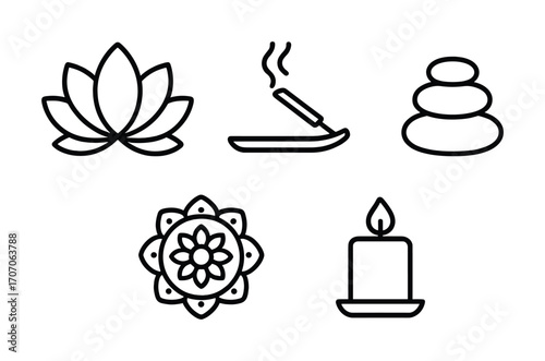 Symbols of relaxation and meditation: lotus, incense, stones, mandala, candle