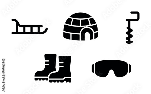 Winter icons set: sled, igloo, ice auger, snow boots, ski goggles
