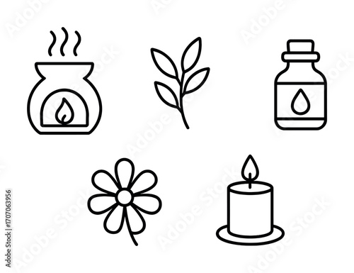 Line art aromatherapy icons featuring candle, flower, leaves, oil burner, and essential oil bottle