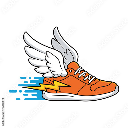 Cartoon Orange Running Shoe with Wings and Lightning Speed Effect