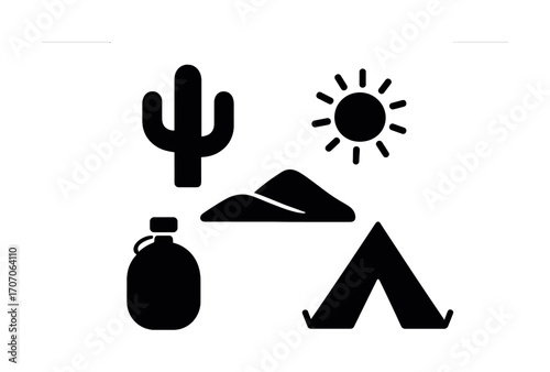 Desert camping adventure icons with cactus, sun, tent, and water bottle