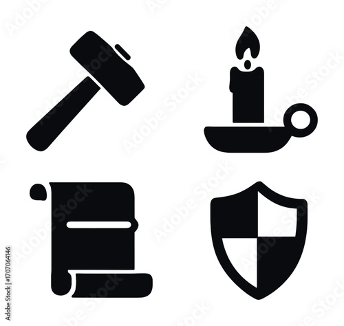 Hammer candle scroll shield icons set for medieval themes