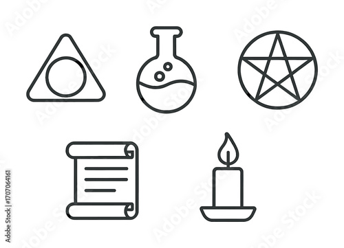 Alchemy symbols: geometric shapes, potion bottle, star, scroll, candle icon set