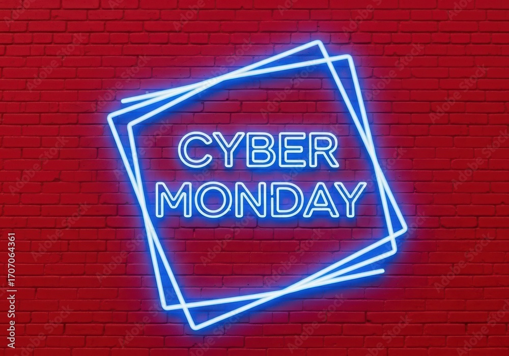 Obraz premium Blue neon Cyber Monday sign glowing on a red brick wall background image photo