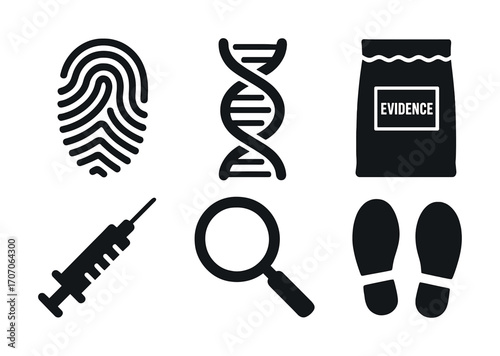 Forensic science icons: fingerprint, dna, evidence, syringe, magnifying glass, footprints