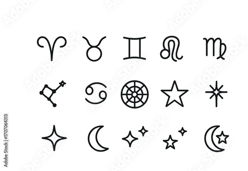 Zodiac and celestial symbols: aries to sagittarius with stars and moon designs
