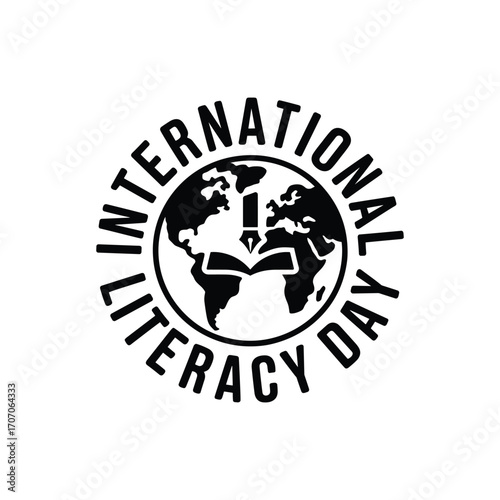 International Literacy Day circular emblem with Earth and open book Keywords: international