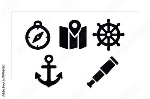 Nautical icon set featuring compass, map, ship wheel, anchor, and telescope