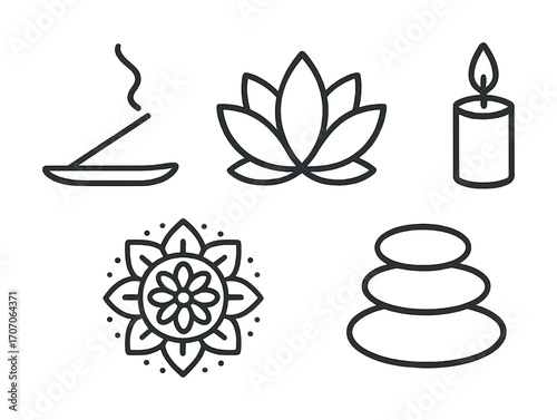 Spa and relaxation icons: incense, lotus, candle, mandala, stones
