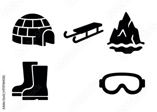 Winter icons: igloo, sled, mountain, boots, and goggles in black silhouette