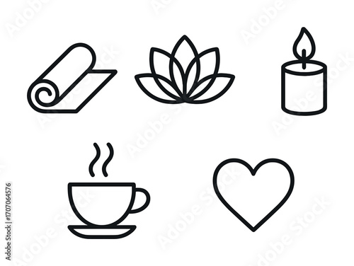 Minimalist wellness icons: yoga, lotus, candle, tea, heart design