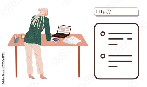 Woman leaning over desk working on laptop, documents, coffee cup, and pencils, with online form concept. Ideal for productivity, organization, research, planning digital tasks multitasking simple