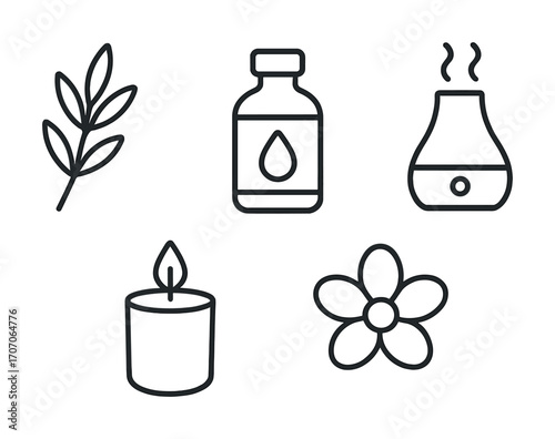 Outline icons of aromatherapy essentials: candle, diffuser, flower, oil bottle, branch